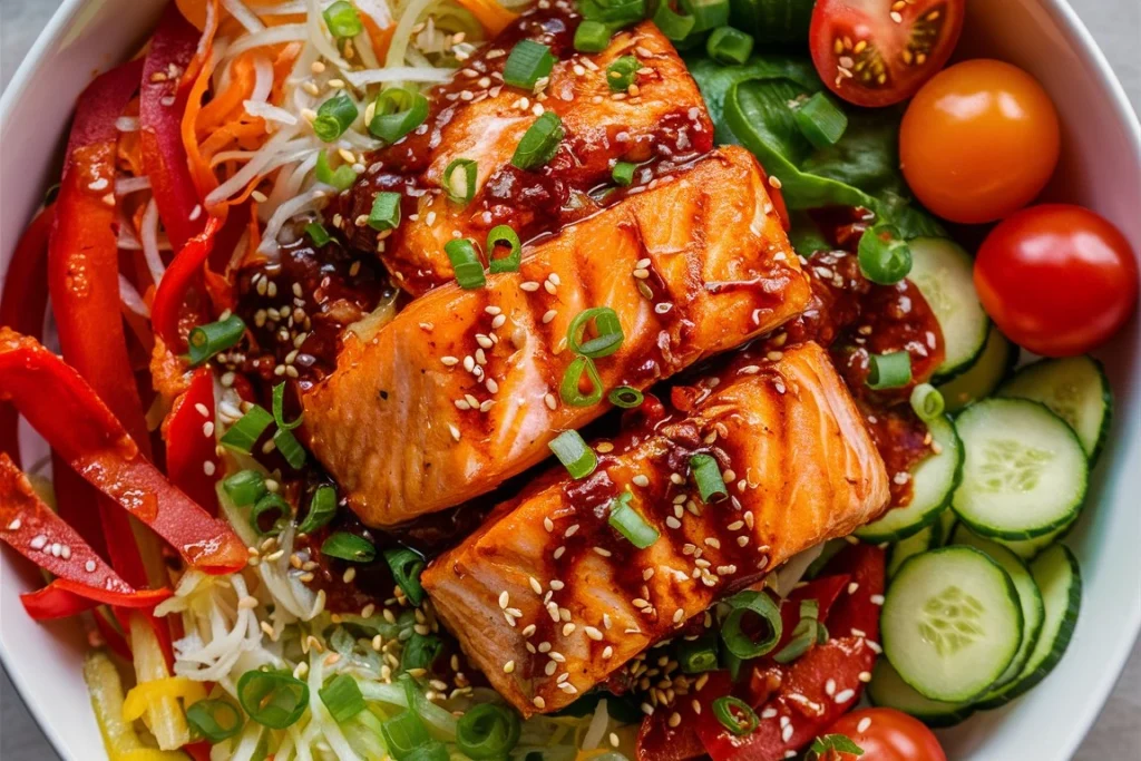 Close-up of a Sweet Chili Salmon Bowl with rice, avocado, and sesame seeds.