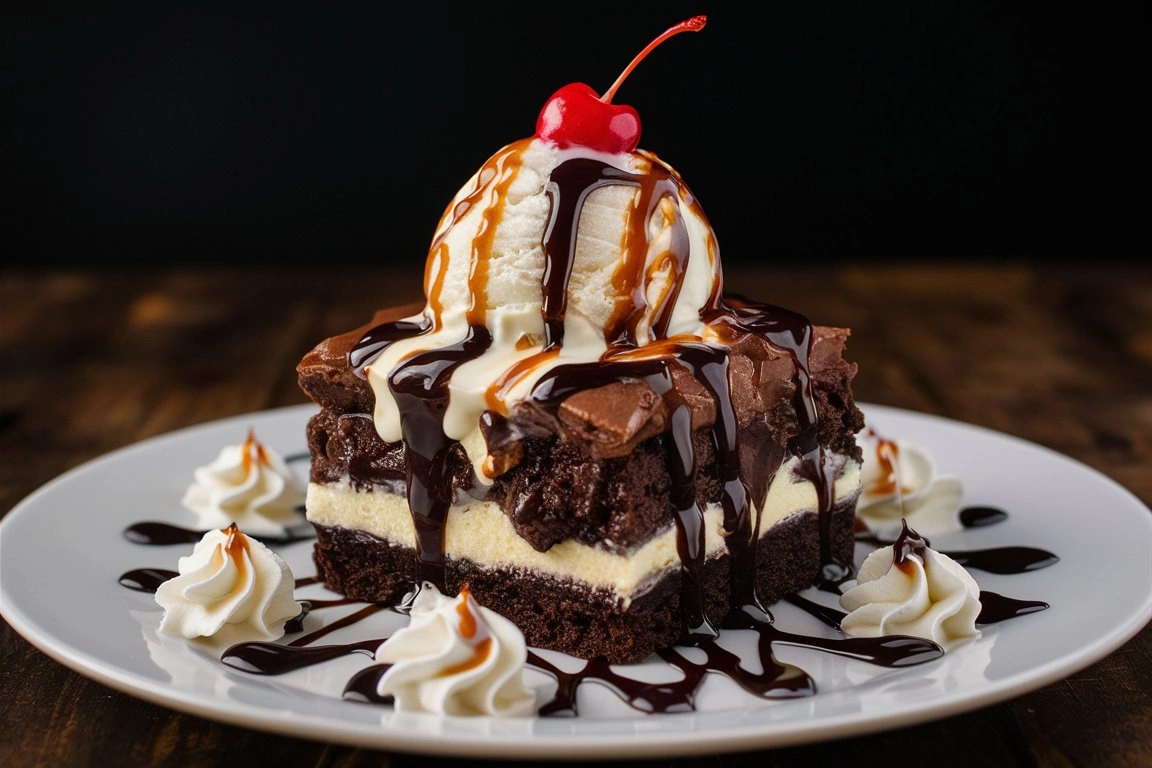 A beautifully plated Hot Fudge Sundae Brownie Cheesecake with sprinkles and cherries on top.