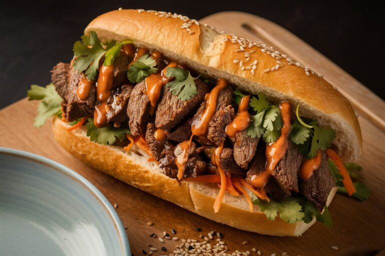 A close-up of a grilled beef Banh Mi sandwich filled with tender meat, pickled vegetables, fresh herbs, and a crispy baguette.