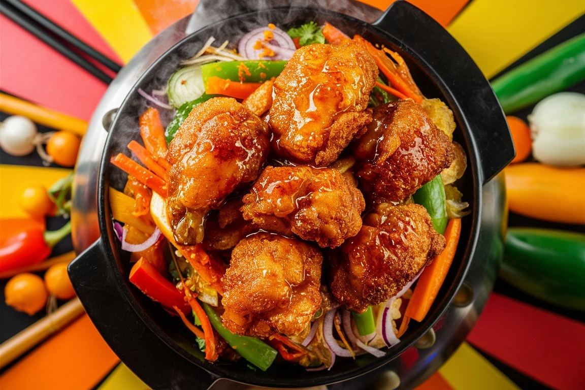 Golden-brown chicken drizzled with sticky honey sauce and topped with sesame seeds