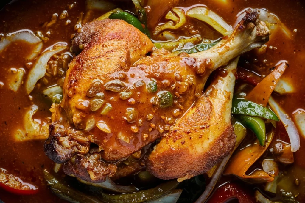 Crispy and caramelized Brown Sugar Garlic Chicken served with vegetables.