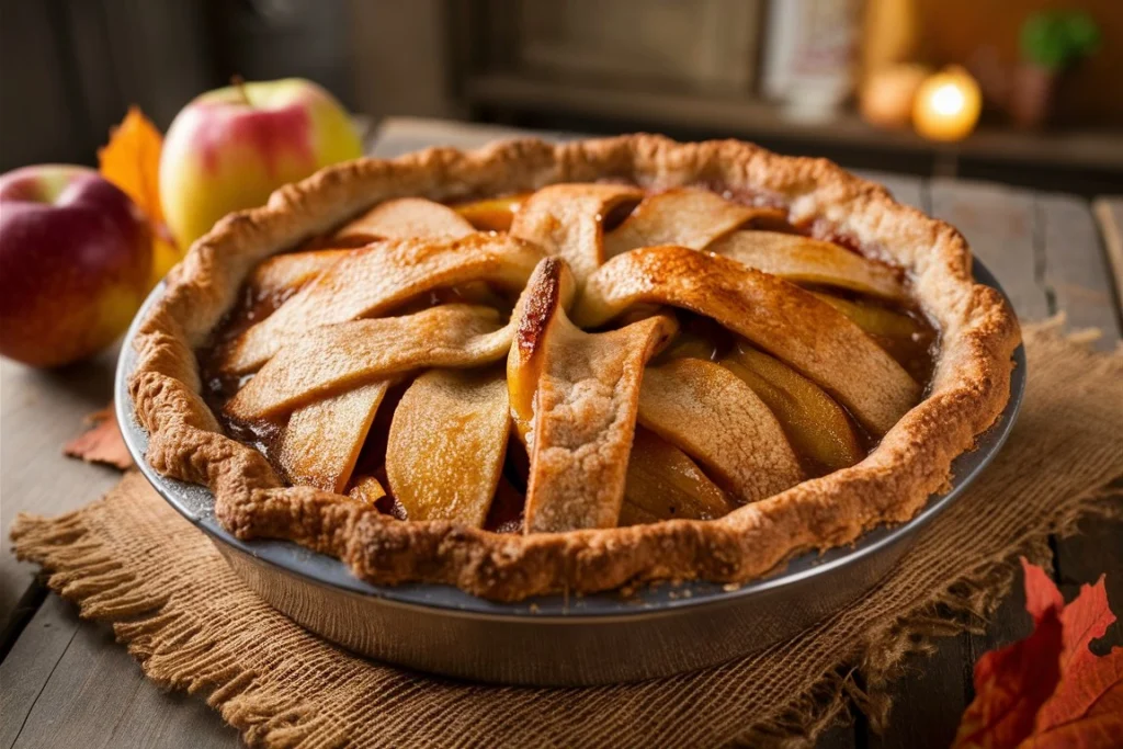 Freshly baked apple pie with a lattice crust, filled with tender, cinnamon-spiced apples.