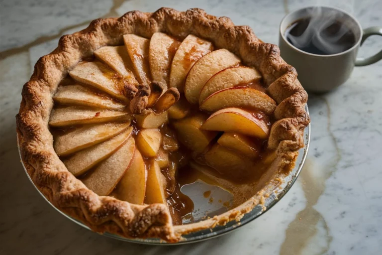 Homemade apple pie with a golden, flaky crust and spiced apple filling, served on a rustic wooden table.