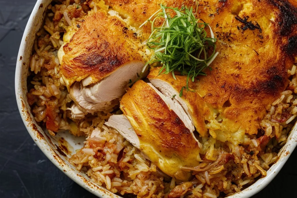 Delicious Ever Chicken and Rice Casserole served on a plate, garnished with fresh herbs.