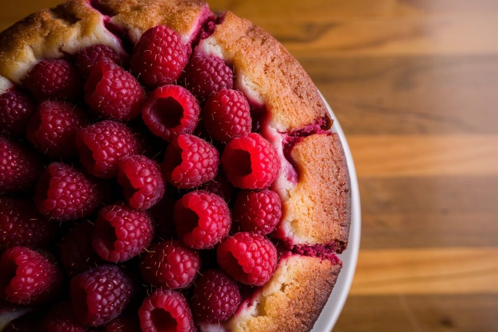 Raspberry coffee cake with a golden topping, fresh raspberries scattered on top, and a soft interior.

