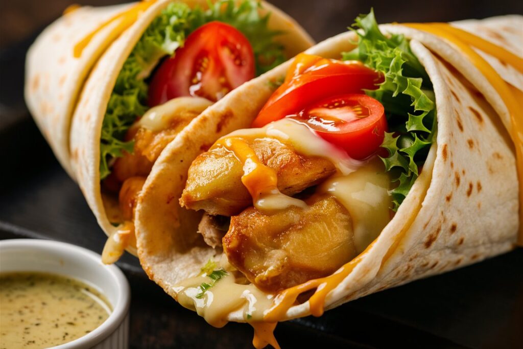 A gooey, cheesy garlic chicken wrap being pulled apart, showing melted cheese stretching between the halves.