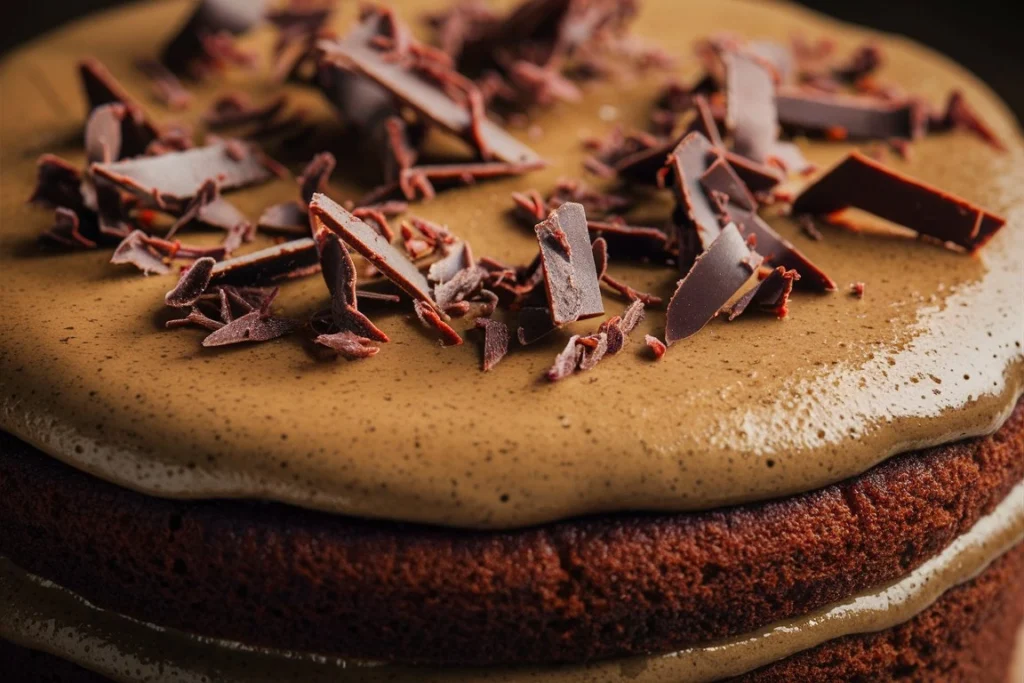 Close-up of a slice of gluten-free espresso chocolate cake with espresso frosting and chocolate ganache drizzle