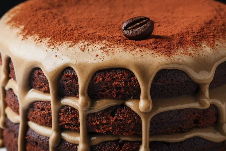 Slice of gluten-free espresso chocolate cake topped with smooth espresso ganache and chocolate shavings