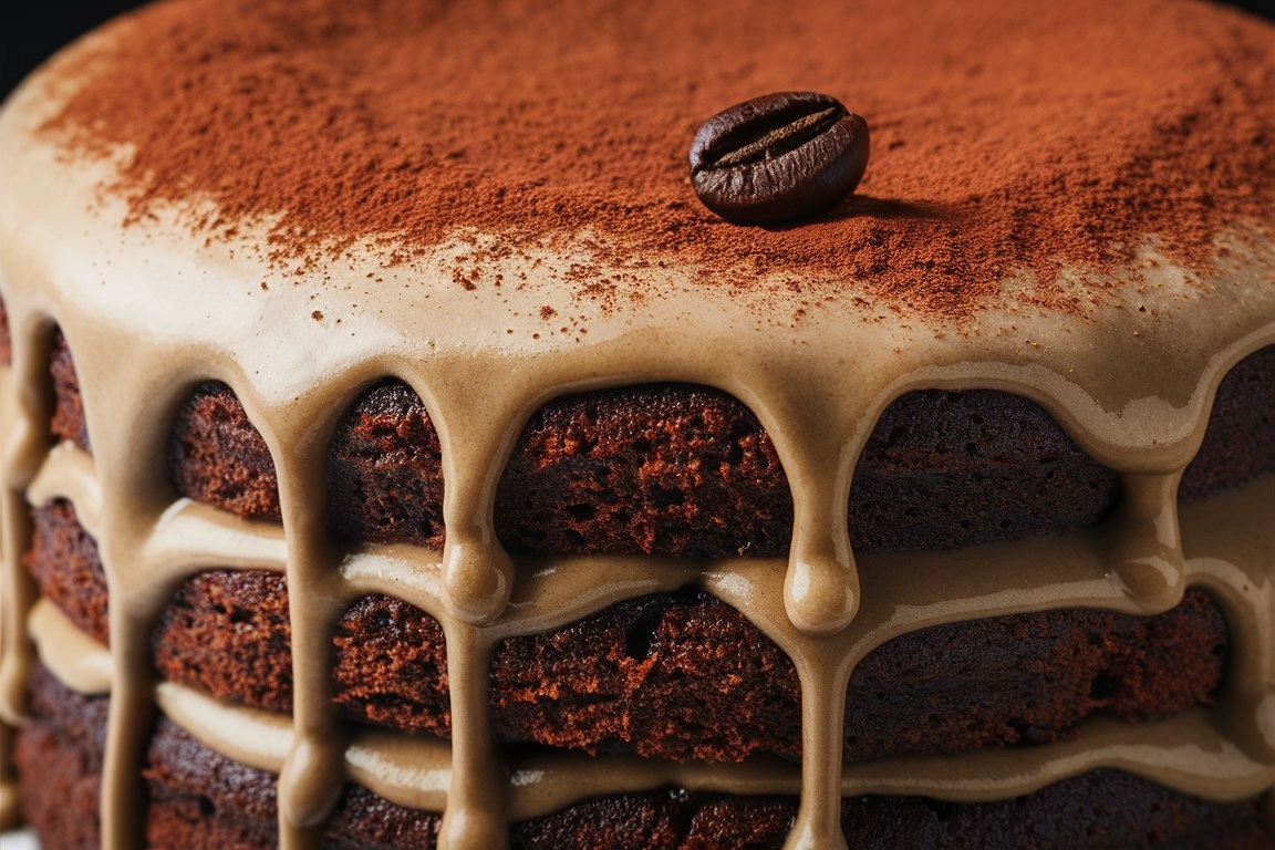 Slice of gluten-free espresso chocolate cake topped with smooth espresso ganache and chocolate shavings