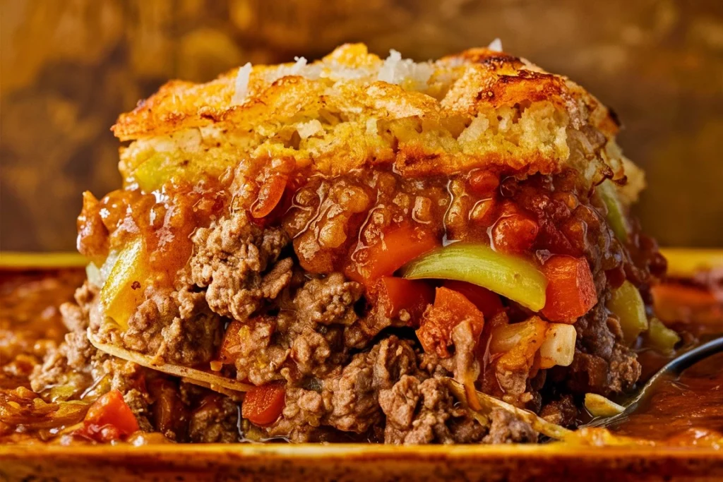 A close-up of a serving of ground beef casserole on a plate with melted cheese stretching from the fork.