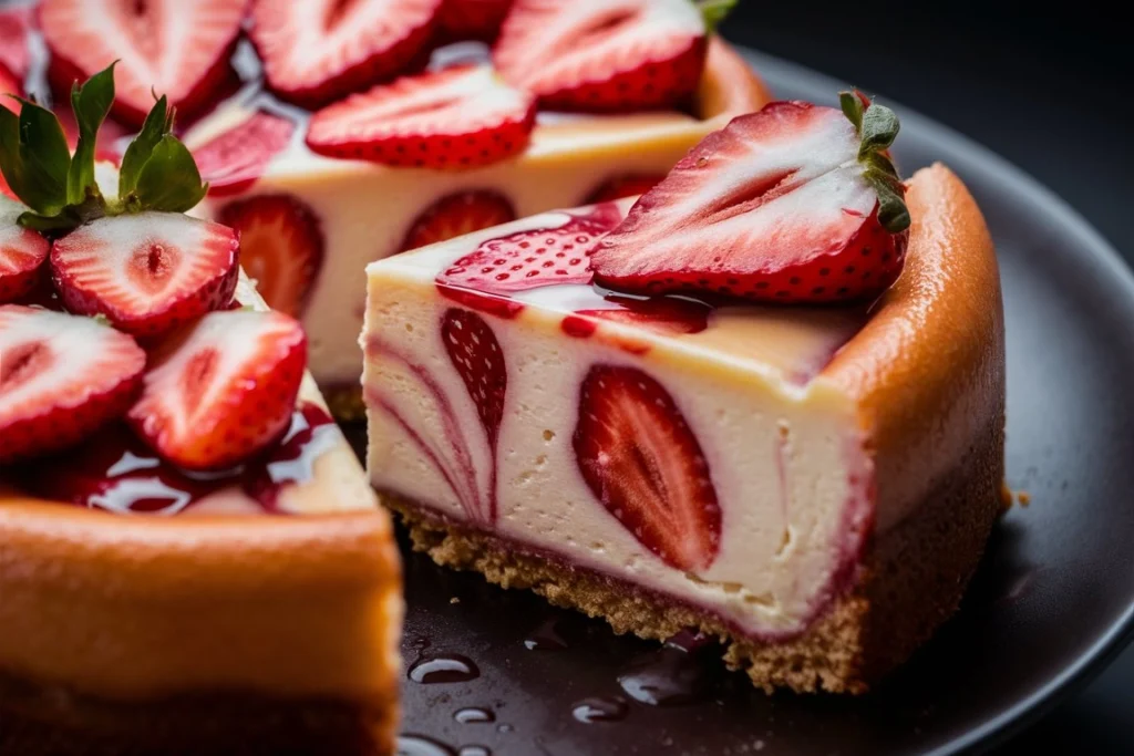 A beautifully swirled Strawberry Swirl Cheesecake, featuring a creamy cheesecake base with a glossy red strawberry puree swirl, sitting on a crisp graham cracker crust.

