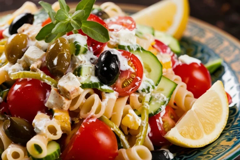 A colorful Greek pasta salad with rotini, cherry tomatoes, cucumbers, red onions, feta cheese, and Kalamata olives, tossed in a tangy dressing.