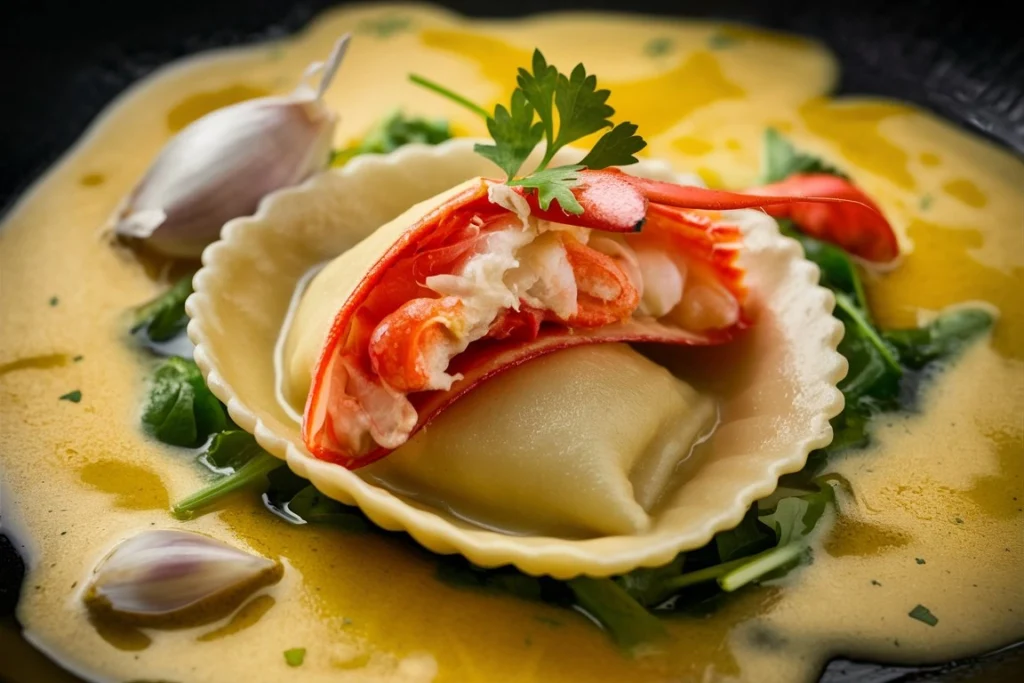 Lobster ravioli served in garlic butter sauce with fresh herbs on top.