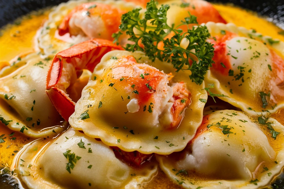 Lobster ravioli being plated with garlic butter sauce and garnished with herbs.