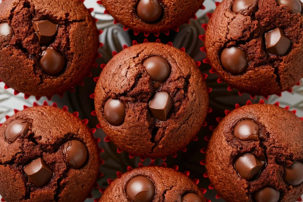 Moist double chocolate chip muffins on a cooling rack, with melted chocolate chips inside and a soft crumb.

