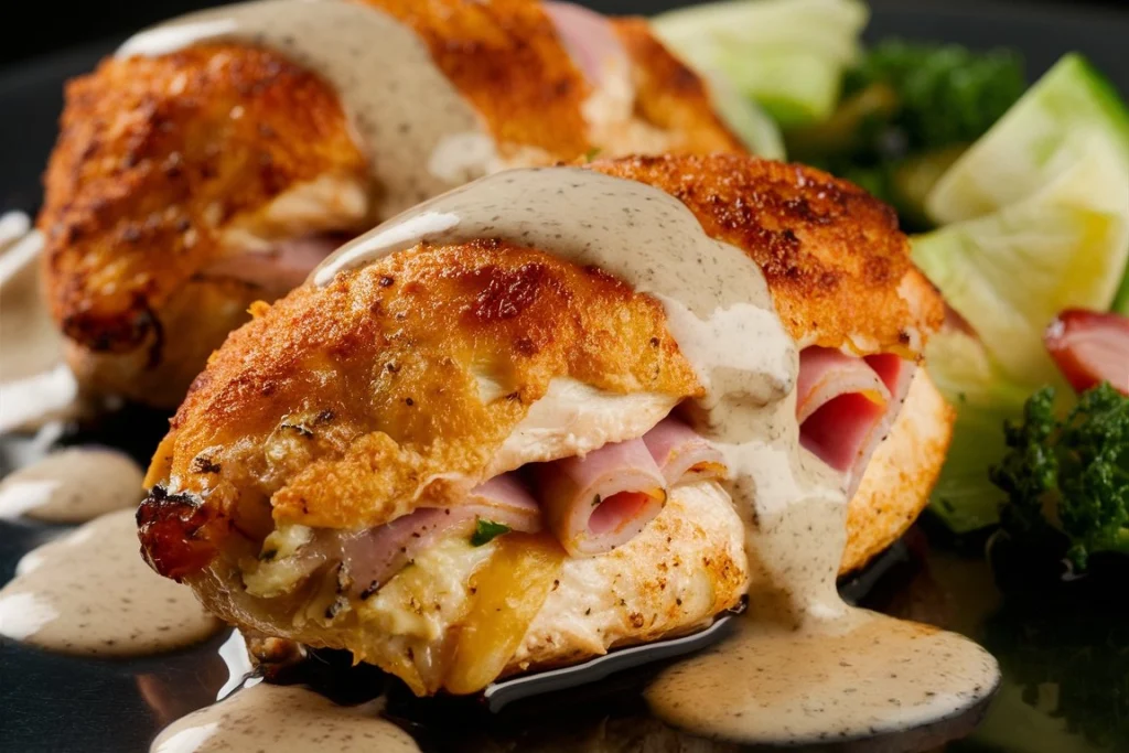 Chicken Cordon Bleu being cut to reveal cheese and ham