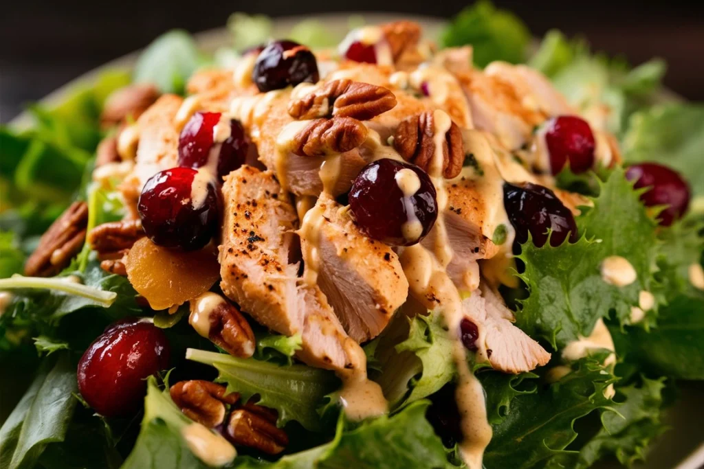 A bowl of cranberry pecan chicken salad with grilled chicken, cranberries, and pecans on a bed of leafy greens.