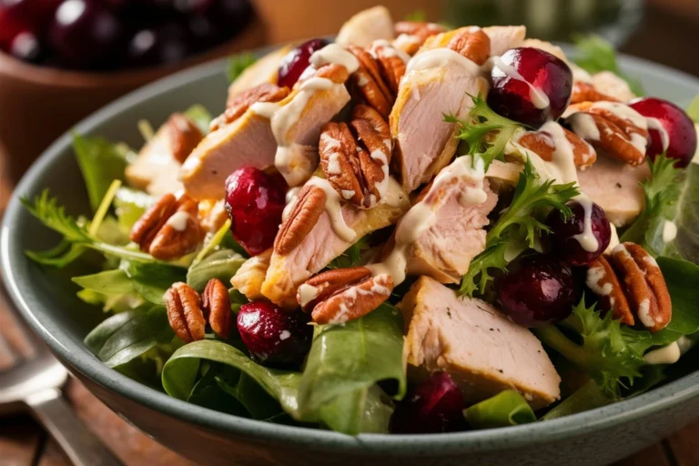 A delicious bowl of cranberry pecan chicken salad with fresh greens, cranberries, and crunchy pecans.