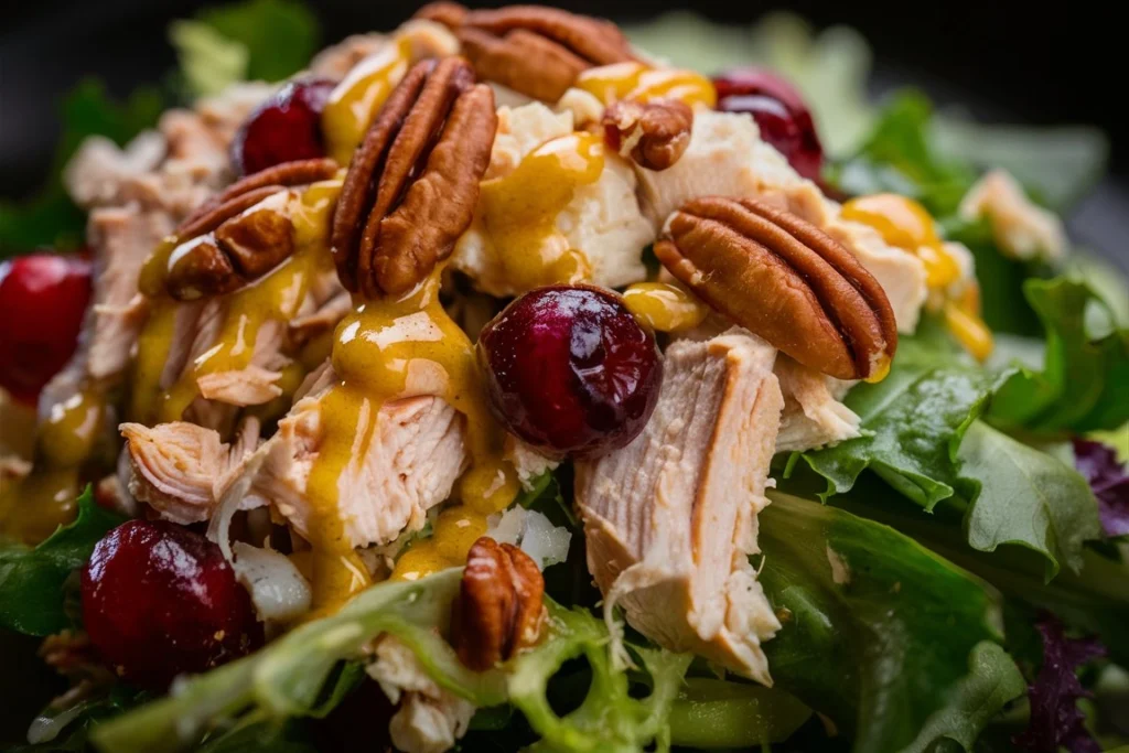 Freshly prepared cranberry pecan chicken salad served in a bowl with vibrant greens, chicken, and nuts.

