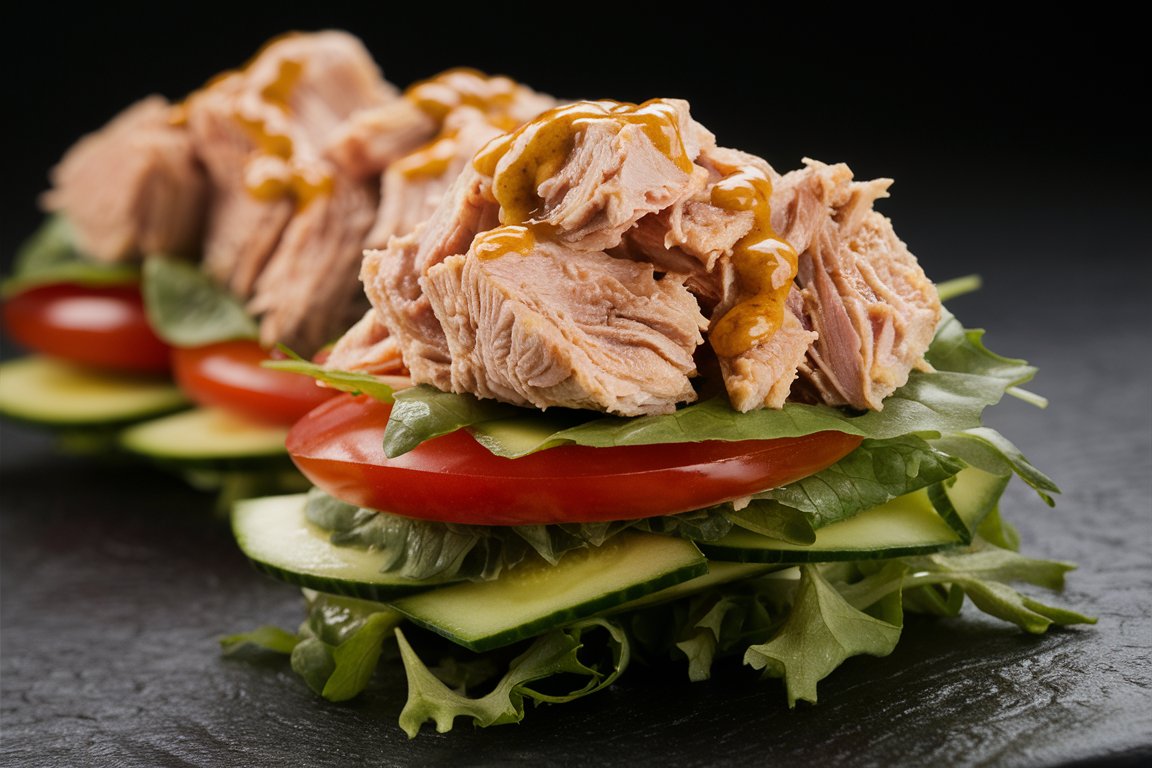 A vibrant bowl of high-protein tuna salad garnished with parsley and served with whole-grain crackers.