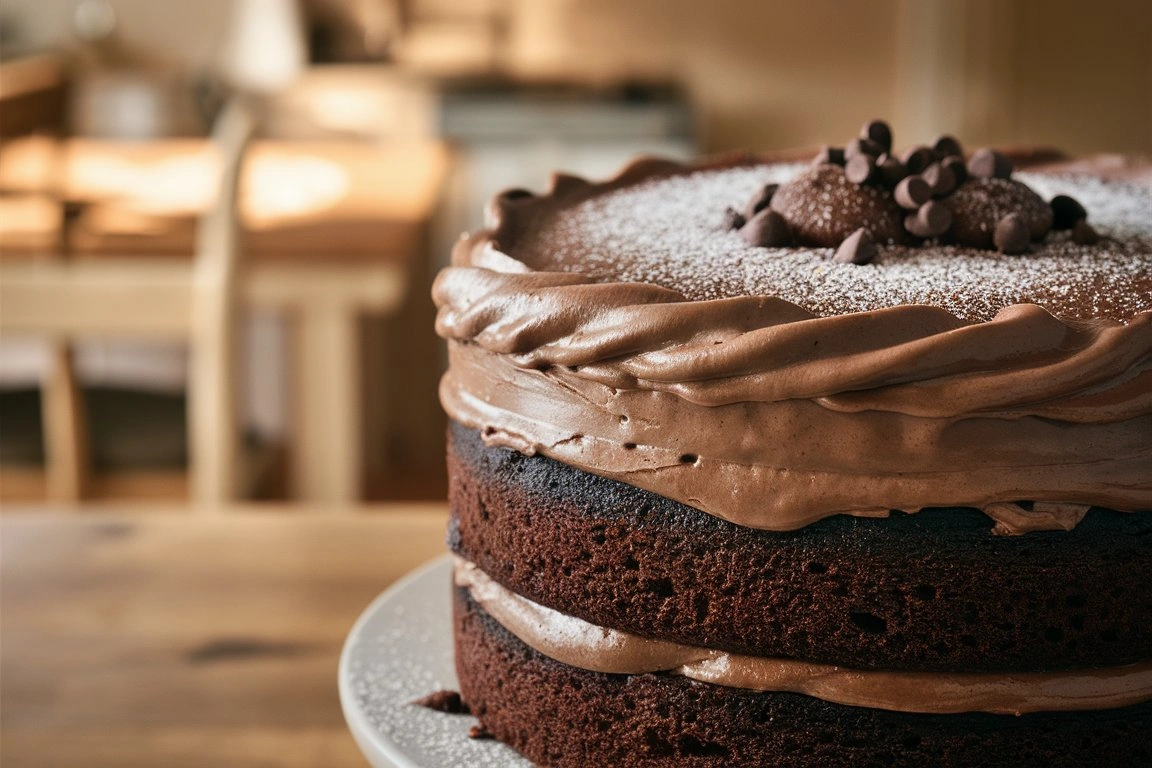 Moist and decadent gluten-free chocolate cake with rich frosting and a chocolate drizzle on top