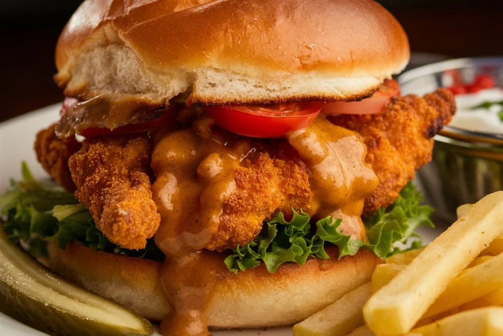 Close-up of a crispy fried chicken fillet for Gordon Ramsay’s sandwich.
