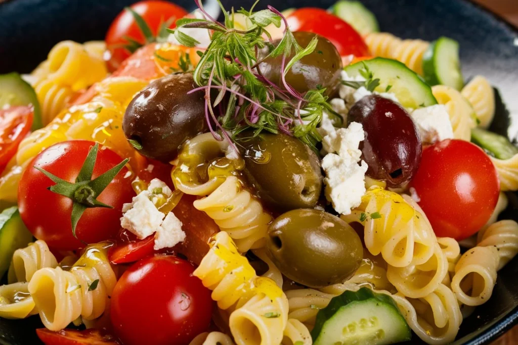  A delicious Greek pasta salad served in a white bowl, featuring fusilli pasta, fresh veggies, olives, and crumbled feta cheese, drizzled with Greek dressing.