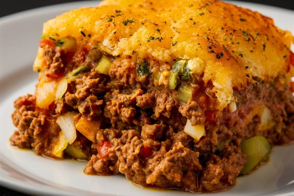 A freshly baked ground beef casserole with layers of pasta, cheese, and rich tomato sauce.