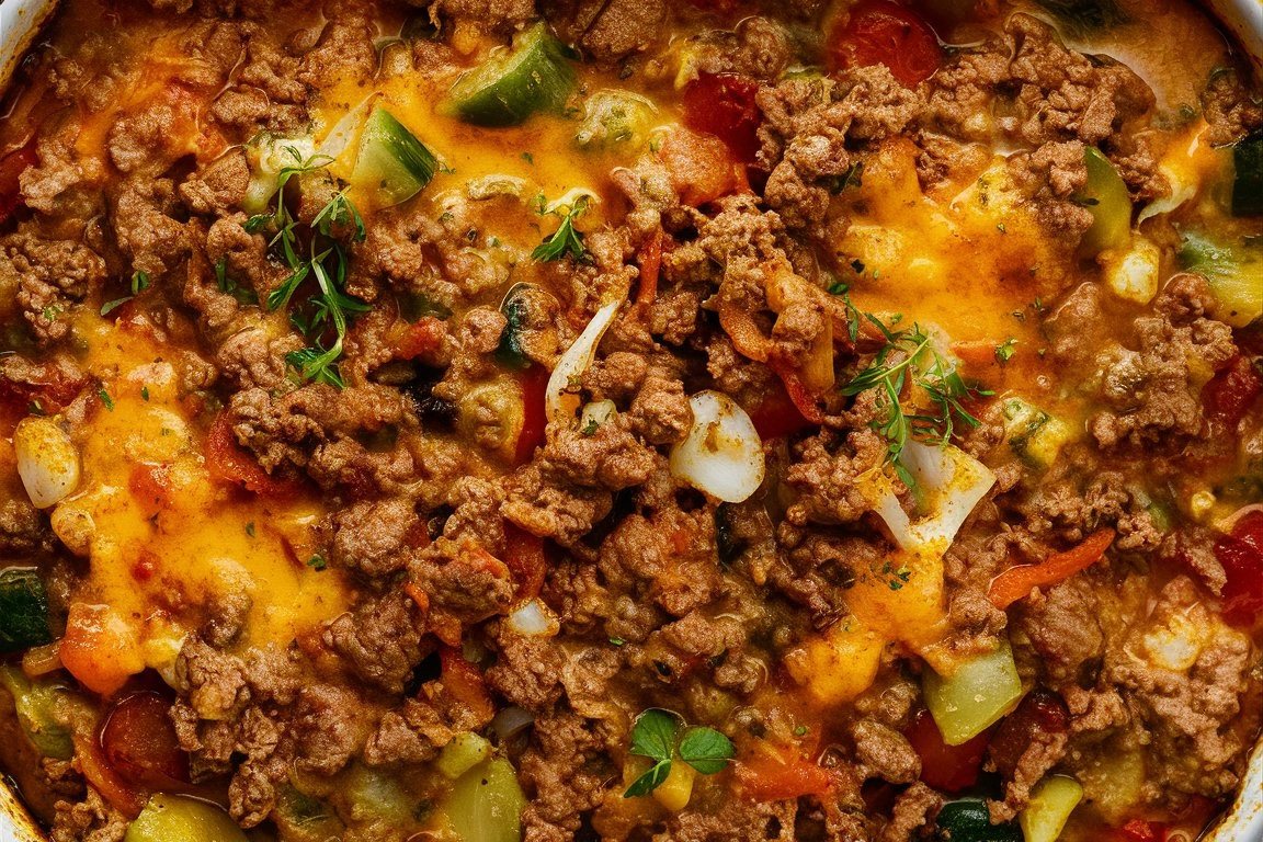 A cheesy, golden-brown ground beef casserole in a white baking dish, topped with fresh green onions.