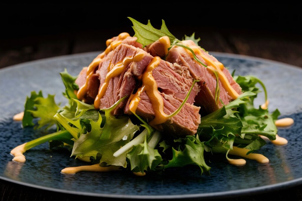 A healthy tuna salad with Greek yogurt, celery, and red onion, displayed on fresh lettuce wraps.