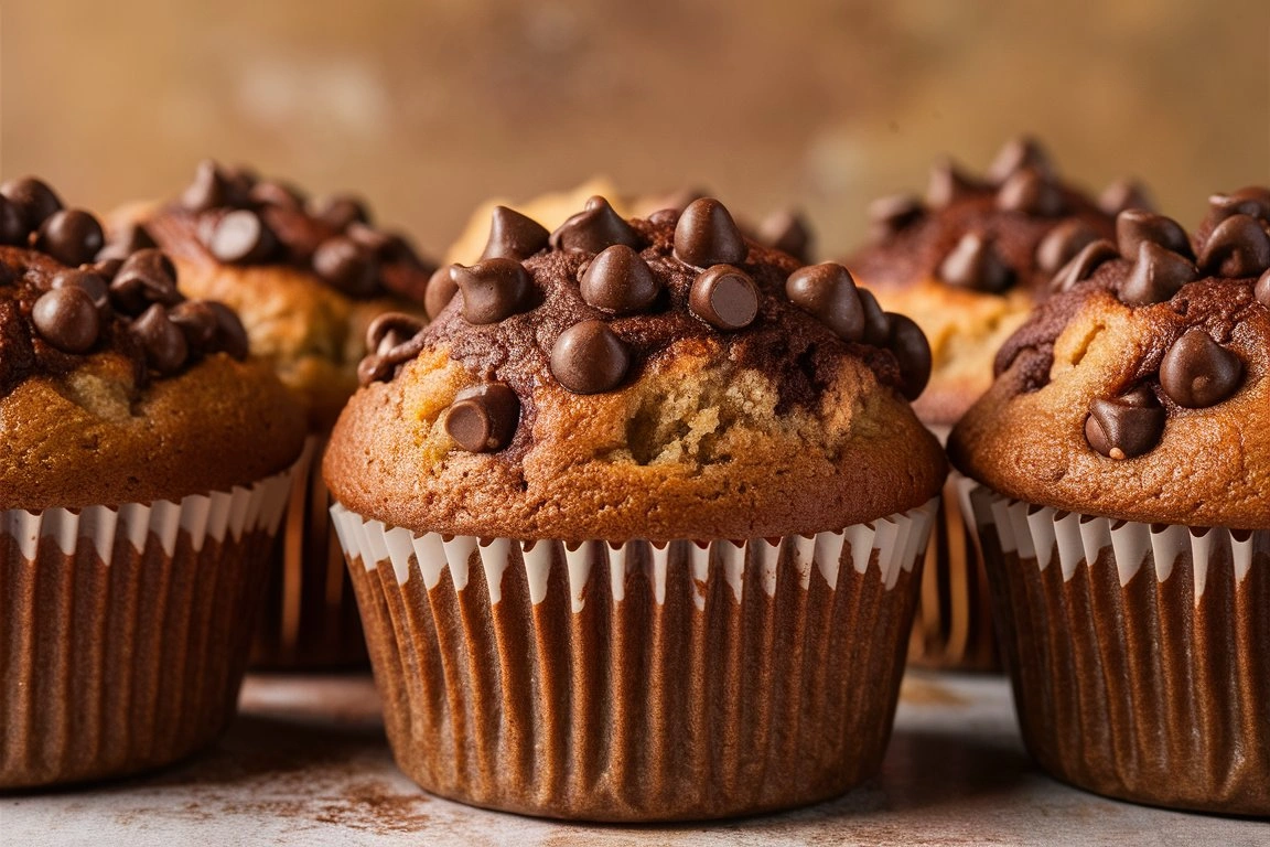 Delicious double chocolate chip muffins with a moist interior and rich chocolate chips throughout.