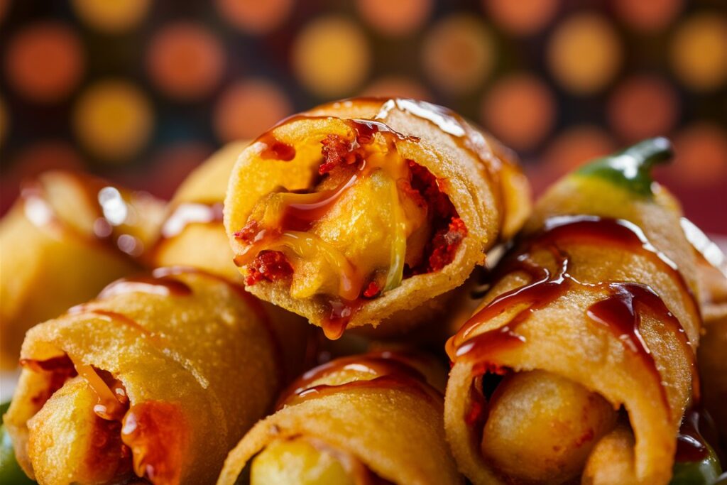 Crispy mini egg rolls stuffed with jalapenos and cheese, golden and delicious.

