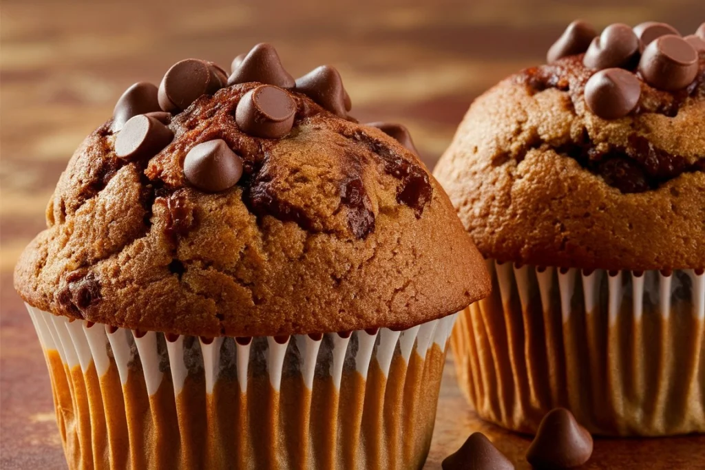 Freshly baked double chocolate chip muffins with a cracked, golden-brown top and chocolate chips peeking through.

