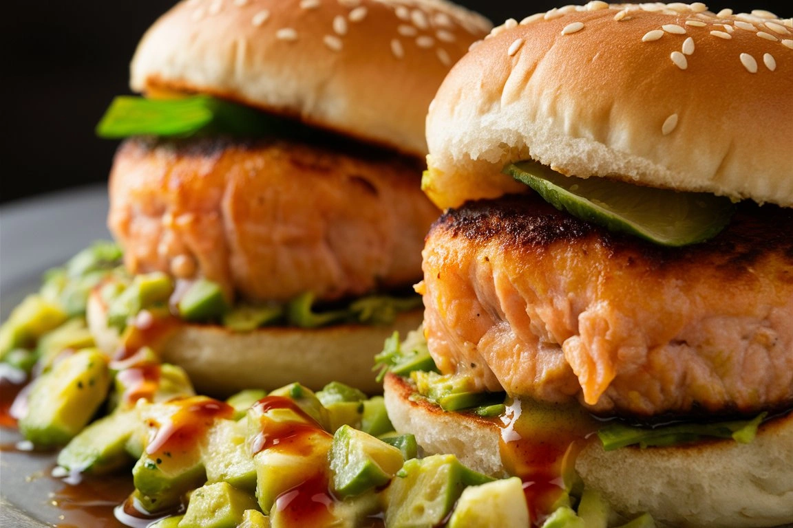 A golden-brown salmon burger topped with creamy avocado salsa, served on a toasted bun with fresh lettuce.