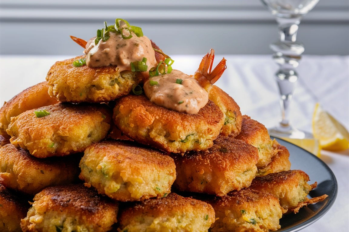 Crispy homemade shrimp patties served on a plate with dipping sauce.