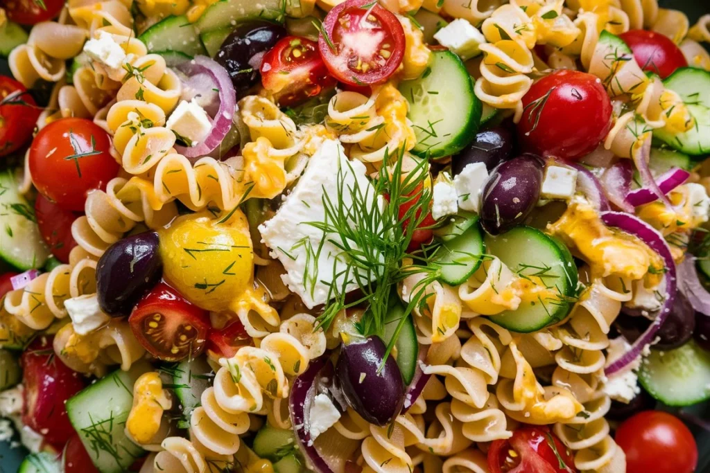 A vibrant Greek pasta salad served in a bowl, featuring rotini pasta, cherry tomatoes, cucumbers, feta cheese, and Kalamata olives, drizzled with a zesty homemade dressing.