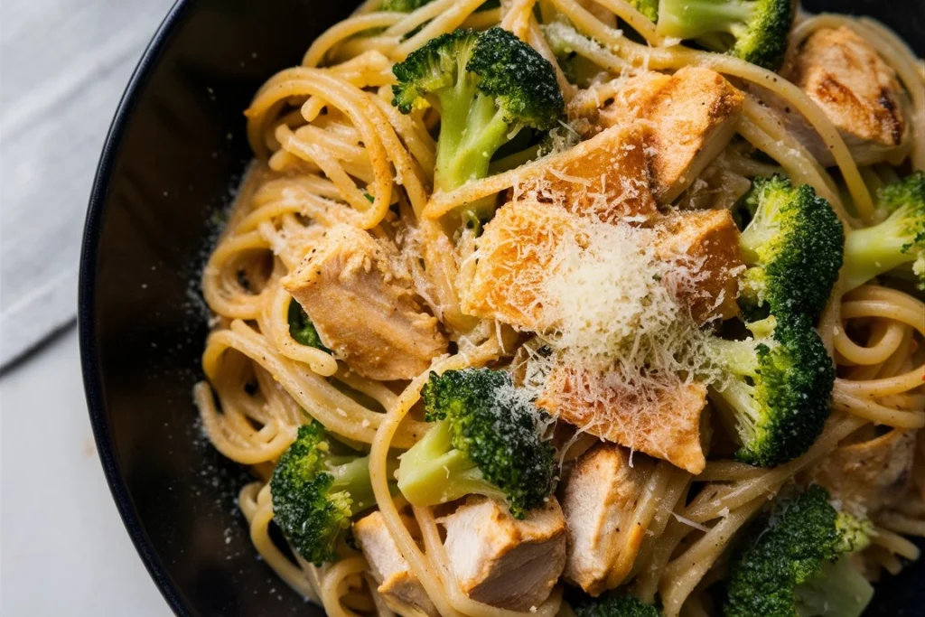 A delicious plate of chicken and broccoli pasta with parmesan garnish