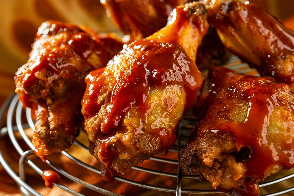 Crispy BBQ chicken wings coated in a tangy sauce, served with ranch dip and celery sticks on a rustic platter.