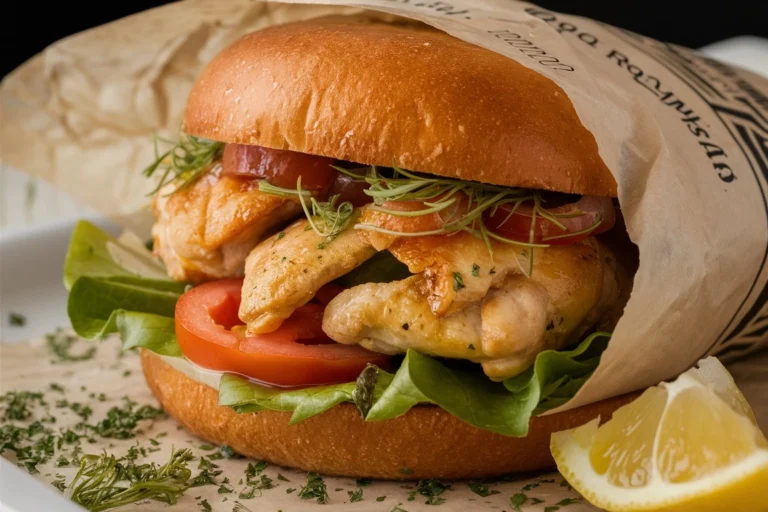 Crispy Gordon Ramsay Chicken Sandwich with lettuce, tomato, and brioche bun.