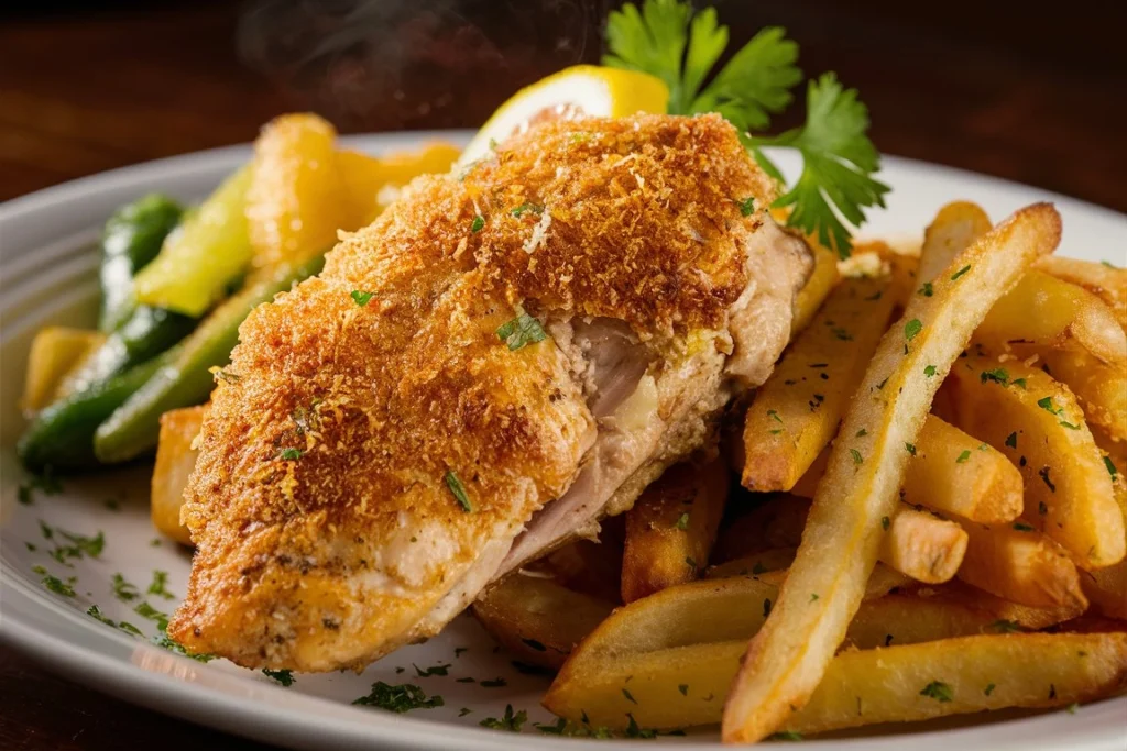  Chicken breast coated in Parmesan and breadcrumbs, ready to cook.