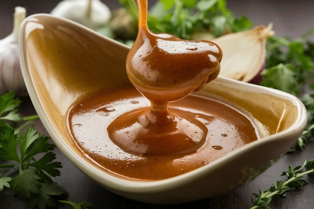 A creamy peppercorn steak sauce bubbling in a pan, ready to be poured over a tender filet mignon.