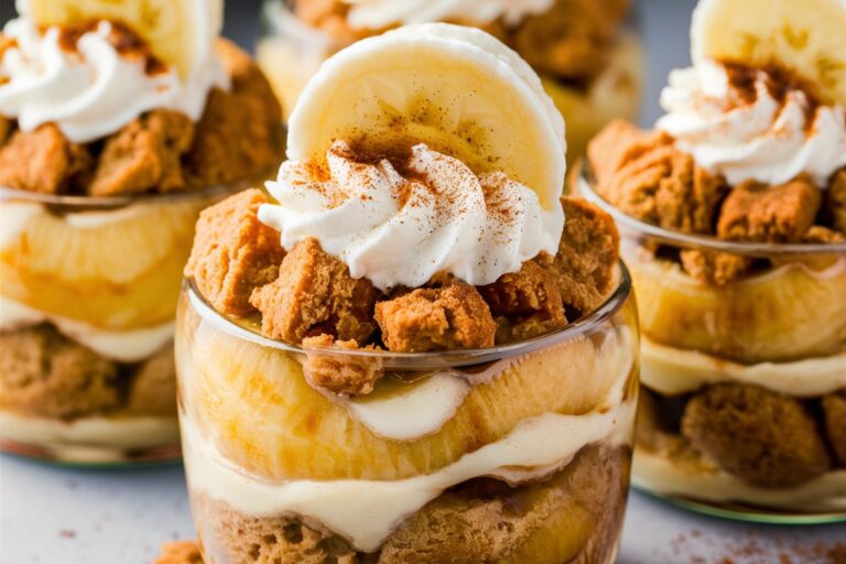 Mini banana pudding cups with whipped topping, sliced bananas, and cookies.