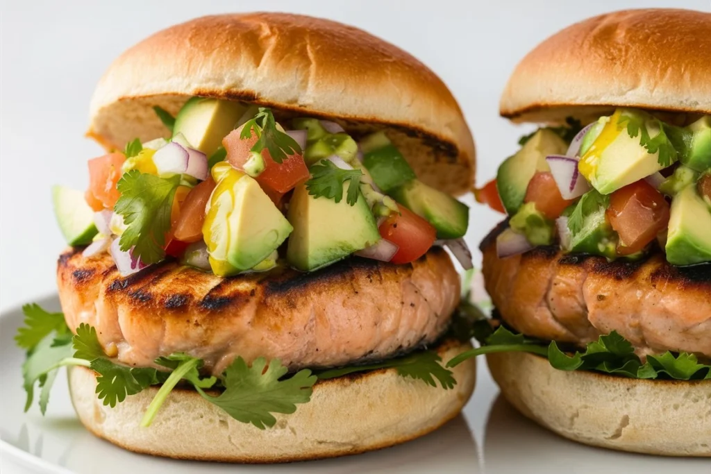 A close-up of a salmon burger stacked with avocado salsa, crisp lettuce, and a soft brioche bun.