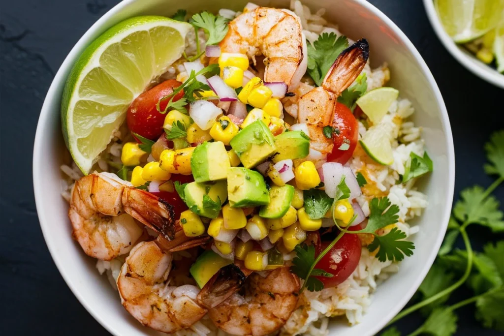 A close-up of a grilled shrimp bowl with fresh avocado and corn salsa.