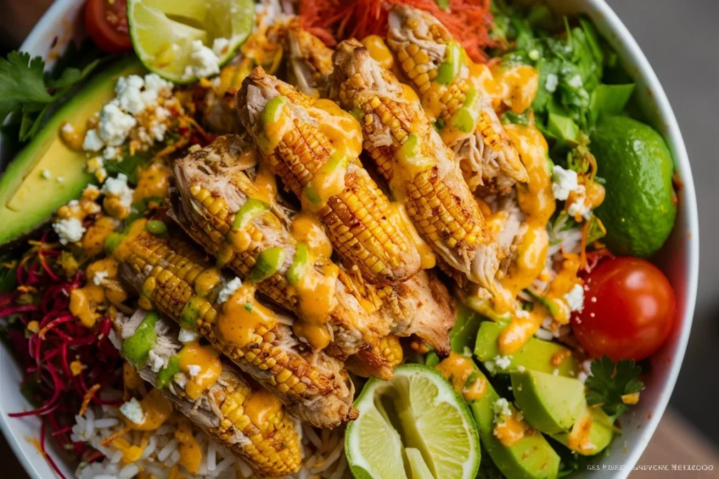 Colorful Zesty Street Corn Chicken Rice Bowl with lime and cilantro garnish.