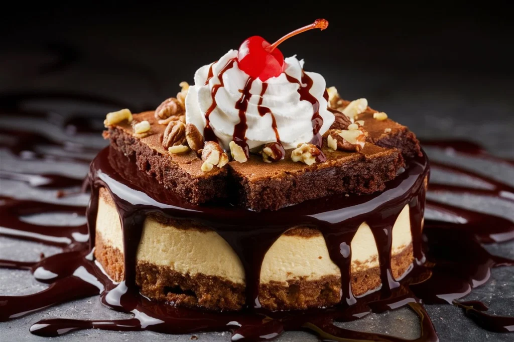 A rich Hot Fudge Sundae Brownie Cheesecake topped with whipped cream, chocolate drizzle, and cherries.