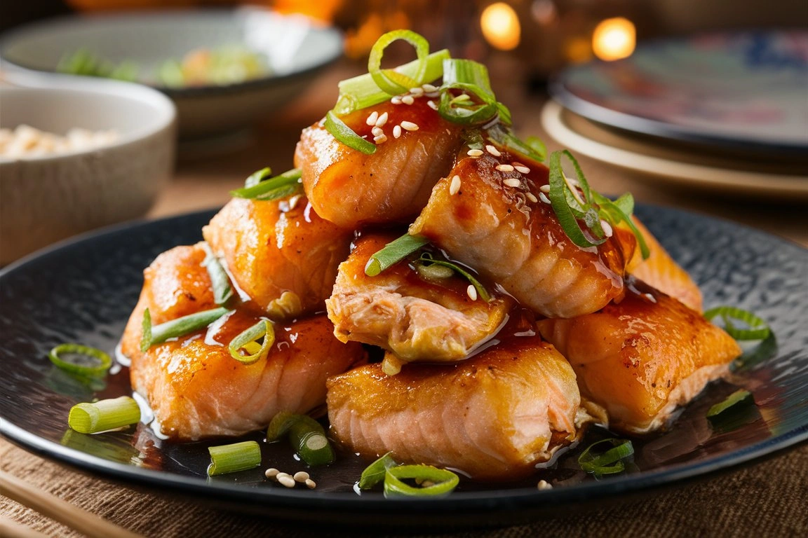 Serving of Honey Garlic Salmon Bites with a side of steamed vegetables on a white plate.