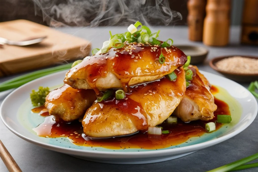 Honey garlic chicken breasts served with steamed rice and roasted vegetables