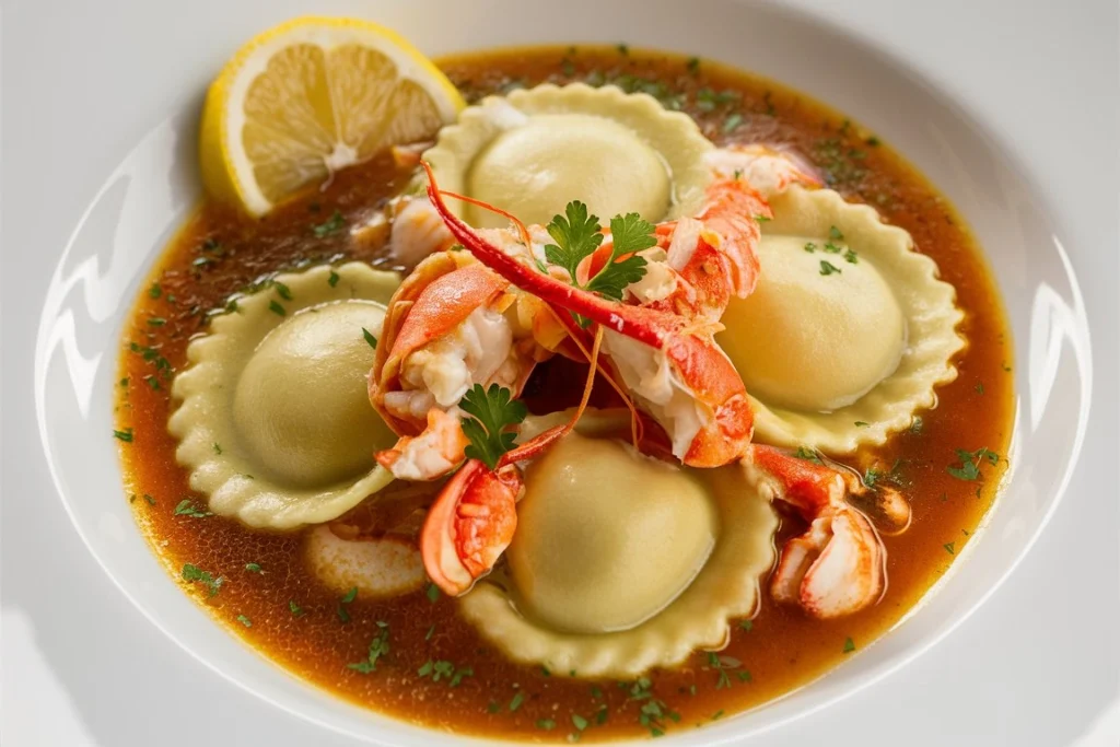 Close-up shot of lobster ravioli in a creamy garlic butter sauce.