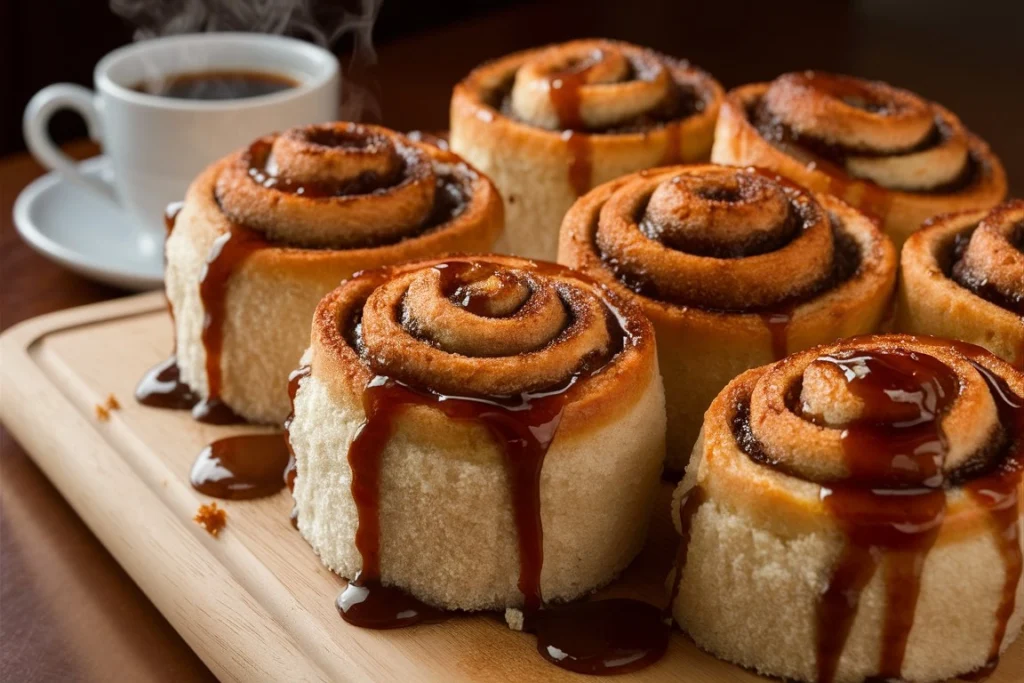 Cinnamon roll cake with icing drizzle served on a platter